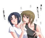  00s 2girls black_hair blonde_hair blush collarbone hot katwu_(gensou_ninja_yashiki) looking_away maria-sama_ga_miteru mizuno_youko multiple_girls satou_sei shirt short_hair sweat t-shirt tank_top yuri 