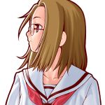  1girl brown_hair expressionless glasses kamichu! kigaru looking_away necktie profile school_uniform serafuku shijou_mitsue short_hair simple_background solo upper_body violet_eyes white_background 