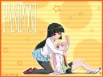  2girls bangs black_hair black_legwear blonde_hair blunt_bangs blush child copyright_name full_body glasses holding holding_hair hug hug_from_behind kneeling labcoat long_hair long_sleeves looking_at_viewer miniskirt multiple_girls nagian necktie open_mouth pani_poni_dash! pantyhose rebecca_miyamoto school_uniform shirt shoes sitting skirt smile star tachibana_rei uwabaki very_long_hair wallpaper 