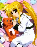  1girl arf blonde_hair blue_eyes bow dog fangs fate_testarossa hair_bow long_hair lying lyrical_nanoha mahou_shoujo_lyrical_nanoha mahou_shoujo_lyrical_nanoha_a&#039;s okuda_yasuhiro on_side pantyhose puppy red_eyes school_uniform smile solo twintails 