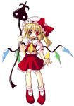  1girl :d ascot blonde_hair fang female flandre_scarlet full_body hat hat_ribbon laevatein looking_at_viewer mob_cap open_mouth red_eyes ribbon satou_kibi shoes short_sleeves simple_background skirt skirt_set smile solo standing touhou white_background wings 