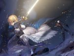  1boy 1girl archer armor armored_dress blonde_hair bow_(weapon) dress excalibur fate/hollow_ataraxia fate/stay_night fate_(series) game_cg glowing glowing_sword glowing_weapon saber sword takeuchi_takashi type-moon weapon 