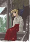  1girl blonde_hair fate/stay_night fate_(series) japanese_clothes miko pinzu red_hakama saber sketch solo 