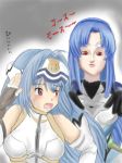  2girls blue_hair blush bodysuit fingerless_gloves forehead_protector gloves hair_intakes kos-mos long_hair looking_at_another mokkos multiple_girls open_mouth parody red_eyes scared sleeveless sweat translated very_long_hair xenosaga zipper 