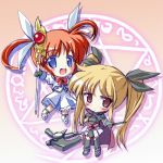  00s 2girls bardiche belt blonde_hair bow cape chibi fate_testarossa gloves hexagram lowres lyrical_nanoha magazine_(weapon) magic_circle magical_girl mahou_shoujo_lyrical_nanoha multiple_girls orange_hair raising_heart red_bow red_eyes redhead single_glove takamachi_nanoha takoyaki_(roast) thigh-highs twintails violet_eyes 