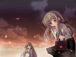  00s 2girls bag brown_hair clouds futakoi green_eyes long_hair multiple_girls natsumiya_yuzu school_uniform shirogane_sara shirogane_souju siblings signature sisters twins wallpaper 