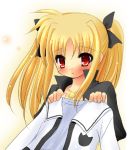  00s 1girl black_ribbon black_shirt blonde_hair blush bow collar collarbone fate_testarossa hair_bow hair_ribbon holding_clothes jacket jewelry light_smile looking_at_viewer lowres lyrical_nanoha mahou_shoujo_lyrical_nanoha necklace pendant red_eyes ribbon shirt simple_background solo twintails two_side_up upper_body white_background white_jacket 