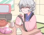  1girl ^_^ closed_eyes drink eating food full_metal_panic! japanese_clothes kotatsu lowres oekaki saga_inu solo table tatami teletha_testarossa television 