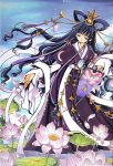  1girl clamp fan flower hair_rings hair_tubes half-closed_eyes japanese_clothes jewelry lily_pad long_hair lotus mirror outdoors petals purple_hair solo tomoyo_hime traditional_media tsubasa_chronicle very_long_hair violet_eyes wading water wavy_hair 