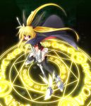  1girl arm_belt bardiche belt blonde_hair bow buckle cape fate_testarossa fingerless_gloves gauntlets gloves hair_bow long_hair lyrical_nanoha magic_circle magical_girl mahou_shoujo_lyrical_nanoha mahou_shoujo_lyrical_nanoha_a&#039;s red_eyes scythe skirt solo sumeragi_kou thigh-highs twintails 