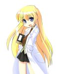  1girl :d blonde_hair child hands_in_pockets labcoat long_hair looking_at_viewer miniskirt necktie no_nose open_mouth pani_poni_dash! pleated_skirt rebecca_miyamoto simple_background skirt smile solo umekichi white_background 