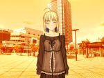  1girl ahoge blonde_hair bow building closed_eyes dress fate/hollow_ataraxia fate/stay_night fate_(series) game_cg grin hair_bow lamppost layered_clothing saber skyscraper smile solo sunset takeuchi_takashi tree 