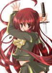  1girl alastor_(shakugan_no_shana) bow jewelry long_hair pendant red_eyes redhead school_uniform shakugan_no_shana shana solo sword weapon 