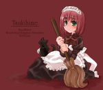  00s 1girl 2003 apron blush bow broom cat expressionless green_eyes hisui len len_(cat) lowres maid maid_apron maid_headdress neck_ribbon redhead ribbon short_hair sitting tsukihime 