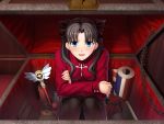  1girl black_hair blue_eyes blush box fate/hollow_ataraxia fate/stay_night fate_(series) game_cg in_box in_container kaleidostick solo takeuchi_takashi tohsaka_rin turtleneck twintails two_side_up wand 