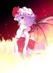  1girl bat_wings female fire hat mikage_baku purple_hair red_eyes remilia_scarlet short_hair solo touhou wings 