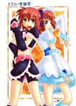  2girls blue_eyes brown_eyes cosplay cure_black cure_black_(cosplay) cure_white cure_white_(cosplay) elbow_gloves futari_wa_precure gloves hisui kohaku lowres magical_girl midriff multiple_girls parody precure redhead short_hair siblings sisters tsukihime twins 