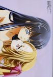  00s 2girls azuma_hatsumi azuma_hazuki bare_shoulders black_hair blonde_hair blue_eyes collarbone eye_contact highres long_hair looking_at_another multiple_girls nishida_asako red_eyes scan strap_slip upper_body very_long_hair yami_to_boushi_to_hon_no_tabibito yuri 