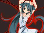  1girl :o armpits arms_up bangs bare_arms black_background black_ribbon blunt_bangs blush collarbone cowboy_shot dress flat_chest green_eyes head_tilt long_hair looking_at_viewer parted_lips ribbon saya saya_no_uta sayanouta simple_background sleeveless sleeveless_dress solo string sundress very_long_hair wallpaper white_dress 