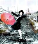  1girl balancing female mikimoto_haruhiko original pleated_skirt railroad_tracks school_uniform serafuku skirt snow snowing solo umbrella 