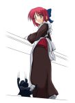  00s 1girl apron cat japanese_clothes kimono kohaku len len_(cat) looking_back maid maid_apron partially_colored redhead scratch scratches simple_background solo tsukihime 