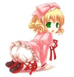  00s 1girl all_fours ass blonde_hair blush bow hina_ichigo kneeling looking_back niwatoriya pink_bow rozen_maiden solo 