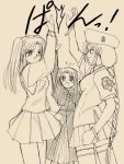  00s 3girls beret blush bow bracelet braid capelet clenched_hand hair_bow hat height_difference high_five jewelry len long_hair monochrome multiple_girls pleated_skirt reaching school_uniform single_braid sion_eltnam_atlasia sketch skirt smile sweat thigh-highs tsukihime twintails very_long_hair yumizuka_satsuki zettai_ryouiki 