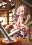  1girl amamizu_(myofuu_kai) blood bow bracelet braid female hair_bow izayoi_sakuya jewelry knife maid maid_headdress pocket_watch red_eyes short_hair silver_hair solo stairs touhou twin_braids watch window 