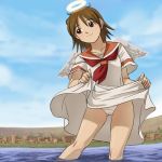  00s 1girl angel_wings brown_eyes brown_hair dress dress_lift haibane_renmei halo haruyama_kazunori lowres outdoors panties pantyshot pantyshot_(standing) rakka school_uniform serafuku skirt skirt_lift sky smile solo standing underwear wading water white_panties wings 