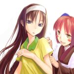  00s 2girls bad_anatomy blue_eyes blush_stickers brown_hair hand_on_shoulder kohaku long_hair multiple_girls poorly_drawn simple_background tohno_akiha tsukihime very_long_hair yellow_eyes 