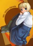  1girl :3 ahoge blonde_hair blouse blue_eyes boots fate/hollow_ataraxia fate/stay_night fate_(series) fetal_position mikazuki_akira! pantyhose saber skirt smile solo 