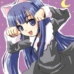  00s 1girl animal_ears arms_up black_dress blue_eyes blue_hair blush cat_ears child collar crescent_moon dress fake_animal_ears hairband hazuki_(tsukuyomi) long_sleeves looking_at_viewer lowres moon open_mouth paw_pose purple_background simple_background smile solo tsukuyomi_moonphase upper_body 