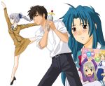  1boy 2girls chidori_kaname crossover energy_gun fate/stay_night fate_(series) full_metal_panic! illyasviel_von_einzbern multiple_girls pencil_skirt ray_gun saber sagara_sousuke skirt teletha_testarossa tosibow weapon what 