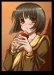  00s 1girl black_hair blush bob_cut eating food kantaka maria-sama_ga_miteru nijou_noriko school_uniform short_hair solo steam sweatdrop sweet_potato 