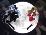  00s 2girls arima_miyako blue_hair bow brown_hair chinese_clothes floating full_moon gothic_lolita green_eyes hair_bow half_updo len lolita_fashion long_hair melty_blood moon multiple_girls thigh-highs tsukihime zoom_layer 