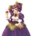  1girl alcohol blush cup dress drink food food_as_clothes food_themed_clothes fruit grapes leaf open_mouth original personification purple_dress purple_hair solo torazou twintails violet_eyes wine 