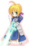  1girl armor armored_dress blonde_hair chibi dress excalibur fate/stay_night fate_(series) glowing glowing_sword glowing_weapon lowres saber solo weapon 