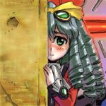  1girl blush bow drill_hair embarrassed green_eyes grey_hair lowres maria_balthasar peeking_out solo xenogears yellow_bow 