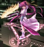 1girl ahoge angry blue_eyes boots building cityscape elbow_gloves fingerless_gloves fire flaming_sword gloves hair_ribbon jacket levantine long_hair lyrical_nanoha magic_circle magical_girl mahou_shoujo_lyrical_nanoha mahou_shoujo_lyrical_nanoha_a&#039;s open_clothes open_jacket outdoors pink_hair ponytail ribbon signum solo sword very_long_hair waist_cape weapon whip_sword yuki_(white_garden) 
