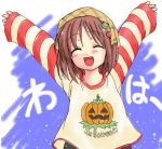  1girl :d ^_^ arms_up brown_hair closed_eyes fangs flower halloween happy jack-o&#039;-lantern lily_of_the_valley open_mouth pumpkin short_hair smile solo suigetsu waha yamato_suzuran 