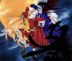 00s 2girls arm_grab black_wings blonde_hair bonnet capelet dress drill_hair eye_contact feathers floating flower frills full_moon long_hair looking_at_another lowres moon multiple_girls night puffy_sleeves red_dress rose rozen_maiden shinku shoes silver_hair sky suigintou very_long_hair wings 