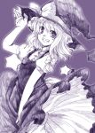  1girl :d adjusting_clothes adjusting_hat bangs bow dress dress_tug fang female grin hair_bow hat hat_bow head_tilt kirisame_marisa looking_at_viewer mikage_baku monochrome open_mouth puffy_short_sleeves puffy_sleeves purple purple_background short_sleeves simple_background smile solo star touhou witch_hat 