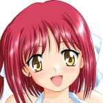  00s 1girl :d bare_shoulders blush bow collarbone eyebrows eyebrows_visible_through_hair hair_bow halterneck head_tilt kohaku looking_at_viewer lowres open_mouth poorly_drawn redhead simple_background sleeveless smile solo tsukihime white_background white_bow yellow_eyes 