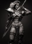  1girl 3d abs armor bikini_armor breastplate cowboy_shot gauntlets greaves hand_on_sword hand_up highres loincloth long_hair looking_at_viewer monochrome realistic shoulder_armor simple_background standing sword sword_behind_back thigh_strap vambraces weapon 