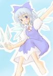  1girl :d bangs blue_background blue_dress blue_eyes blue_hair bow bowtie cirno dress female flying hair_bow ice large_bow looking_at_viewer lowres open_mouth outline pale_color shirt short_hair simple_background smile solo the_embodiment_of_scarlet_devil touhou 