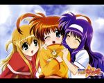  00s 3girls ^_^ aqua_eyes arisa_bannings blonde_hair blue_eyes blue_hair blush closed_eyes clouds copyright_name ferret hairband happy holding hug leaning_forward long_hair lyrical_nanoha mahou_shoujo_lyrical_nanoha midriff multiple_girls navel okuda_yasuhiro one_eye_closed orange_hair orange_shirt outdoors pointing purple_hair redhead school_uniform serafuku shirt short_twintails sky smile takamachi_nanoha tsukimura_suzuka turtleneck twintails violet_eyes wallpaper wink yuuno_scrya 