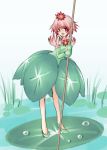  1girl dress elbow_gloves fantasy flower gloves green_dress green_gloves green_shoes hair_flower hair_ornament lily_pad open_mouth original pink_hair plant_girl puffy_sleeves red_eyes shoes short_hair smile solo staff torazou water wearing_plant 
