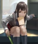  1girl bag brown_eyes brown_hair food food_in_mouth kneehighs long_hair mouth_hold nao nao_(artist) original pleated_skirt school_bag school_uniform serafuku sitting skirt socks solo sweater sweater_vest toast toast_in_mouth vest 