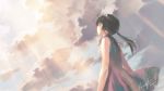  1girl clouds dress kawata_hisashi looking_up red_dress solo sun sunlight twintails 