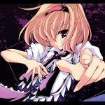  1girl alice_margatroid ascot blonde_hair female foreshortening hairband outstretched_hand purple_background red_eyes short_hair solo tooya touhou touya_(the-moon) 